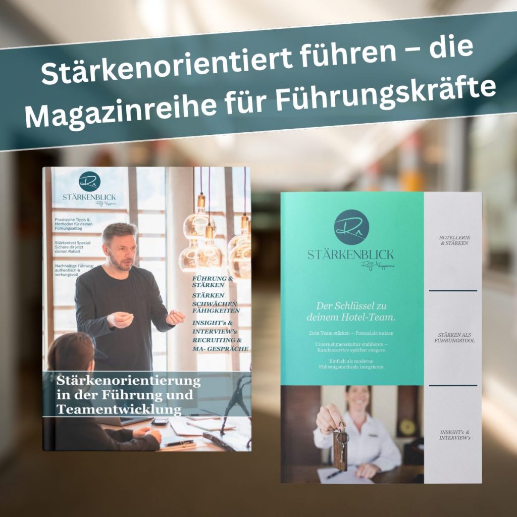 Titelbild mit den Covern des Stärkenmagazins 1 und 2 – Impulse zur stärkenorientierten Mitarbeiterführung